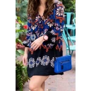 Free People Printed Tie Neck Shift Dress Size Small Soft Boho Feminine Romantic